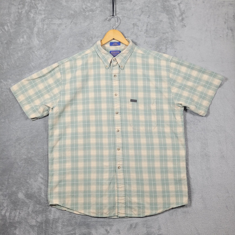 Pendleton Button Down Mens XL Green Tan Plaid Short Sleeve Cotton Casual Shirt